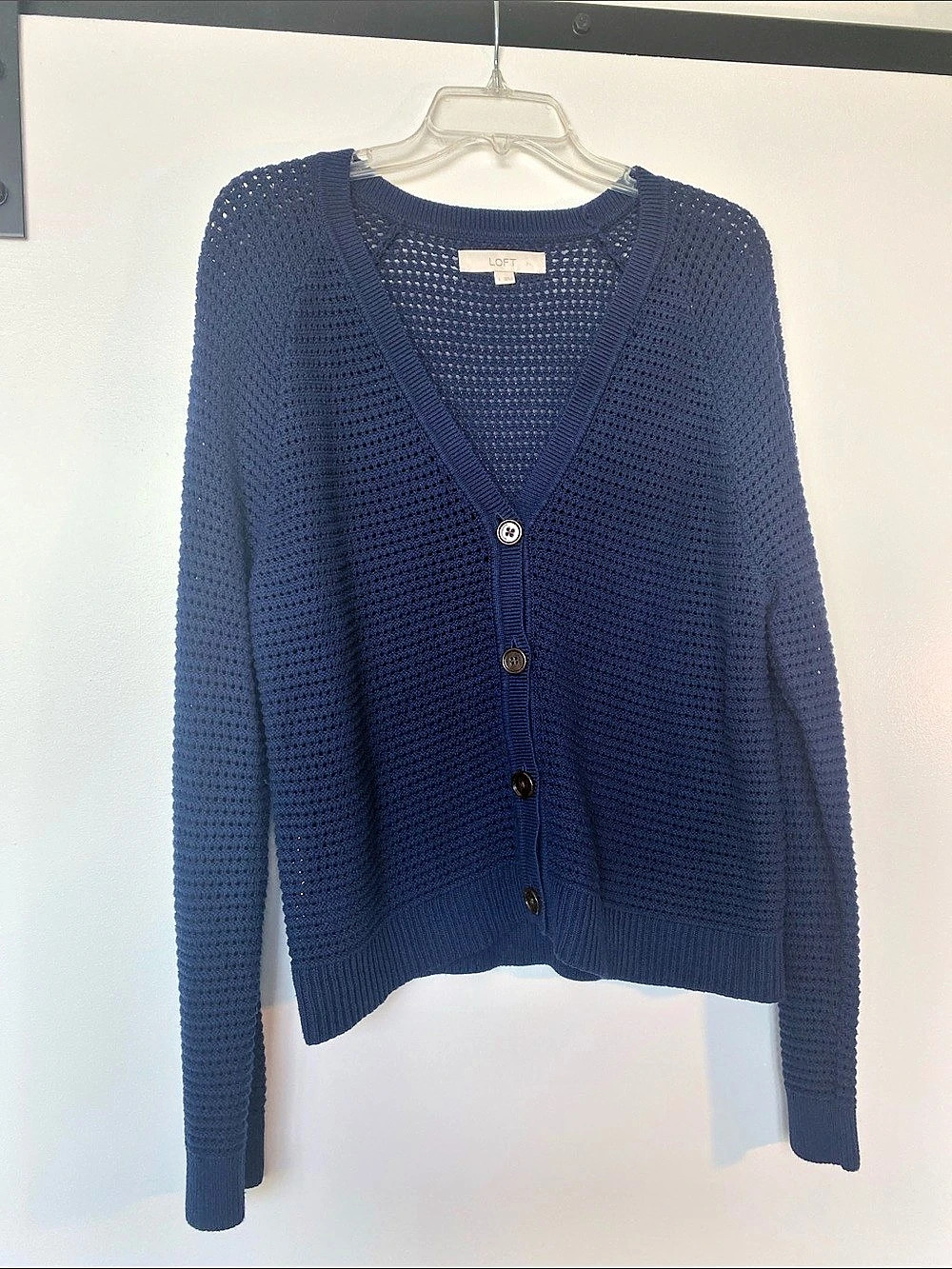 Loft Cotton V-Neck Cardigan in Blue Large
